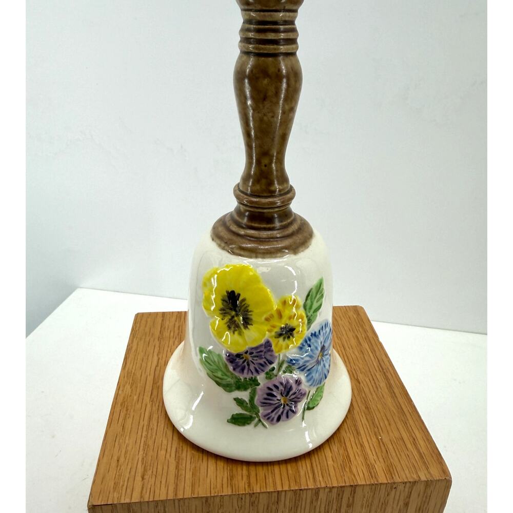 Ceramic Hand Bell Pansy Flower Floral Wood Look Handle Cottage Decor Vintage 4x8